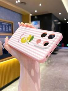 1pc Fashion Pure Android Lemon Stripe Pattern Pink Straight Edge Shockproof Anti-Drop Full Lens Coverage Protective Phone Case, Minimalist & Stylish, Suitable For Men & Women, Ideal For Fashionistas, Compatible With Samsung/// Y20/Y21/Y03/HONOR X8/X8B/X7A/X5/X9B/X9A - Pink - View 3