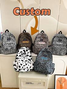 1 pièce Sac à dos personnalisé de retour à l'école, mode vintage, grande capacité, imprimé zèbre, léopard, vache, fermeture éclair, matériau nylon, bretelles réglables, poignée de transport, convient pour l'école, les déplacements, les courses, les voyages en plein air, l'utilisation quotidienne. Cadeau d'anniversaire. - Multicolore - Voir 2