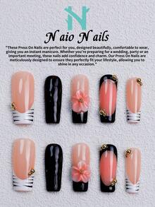 NAIO 10片/組手工穿戴式美甲貼片，3種尺寸：棺材型/杏仁型/短方形，Y2K辣妹風，桃粉色與黑色法式邊緣，斑馬紋設計，3D花朵，金色珠飾裝飾，適合女性與女孩，派對與日常穿戴，含工具組，禮物與美甲用品 - 彩色 - 查看 16