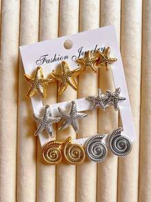 1/6 Pairs Gold & Silver Starfish Shell Earring Set Beach Holiday - Multicolor - View 3