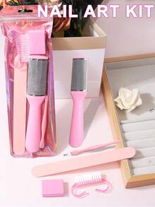 Conjunto Completo de Esfoliação e Polimento dos Pés, Rosa, Polimento/Limpeza/Esfoliação/Limpeza dos Pés Tudo em Um, Cada Pacote Inclui Lixa de Pé Dupla Face, Barra de Esfoliação Longa, Raspador de Pele Morta, Bloco de Polimento, Escova de Limpeza, Fácil de Usar, Cuidados com os Pés em Casa, Ferramentas Auxiliares para Mãos e Pés, Ferramentas de Cuidados com as Unhas - Rosa chiclete - Visão 1