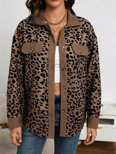 Women's Fashion Leopard Print Stand Collar Jacket, Versatile Top For Autumn And Winter, Front Button Closure, Long Sleeve, Faux Pocket Design, Outerwear, Airport Outfit, Travel And Commute Essential