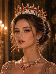 KOVLYNE 1Pc Gold Plated Crystal Crown - Teardrop Rhinestone Full Round Tiara, Styling Supplies For Wedding, Prom & Pageant - Multicolor - View 6
