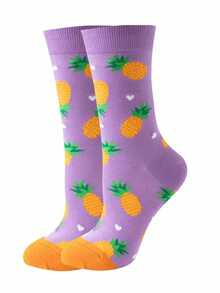 Summer Comfortable Pineapple Jacquard Mid-Calf Women's Socks, Light Purple Fruit Pattern Casual Elastic Neutral Socks For Women - Multicolor - View 7