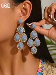OOQ 1 Pair Summer Vacation Style Handmade Raffia Tassel Earrings, Sweet And Fresh Ins Style Earrings For Women, Suitable For Daily Dresses And Tops, Music Festival And Valentine's Day Gift For Friends And Lovers (Handmade Raffia Weaving, Shape And Direction Random) - Lake Blue - View 1