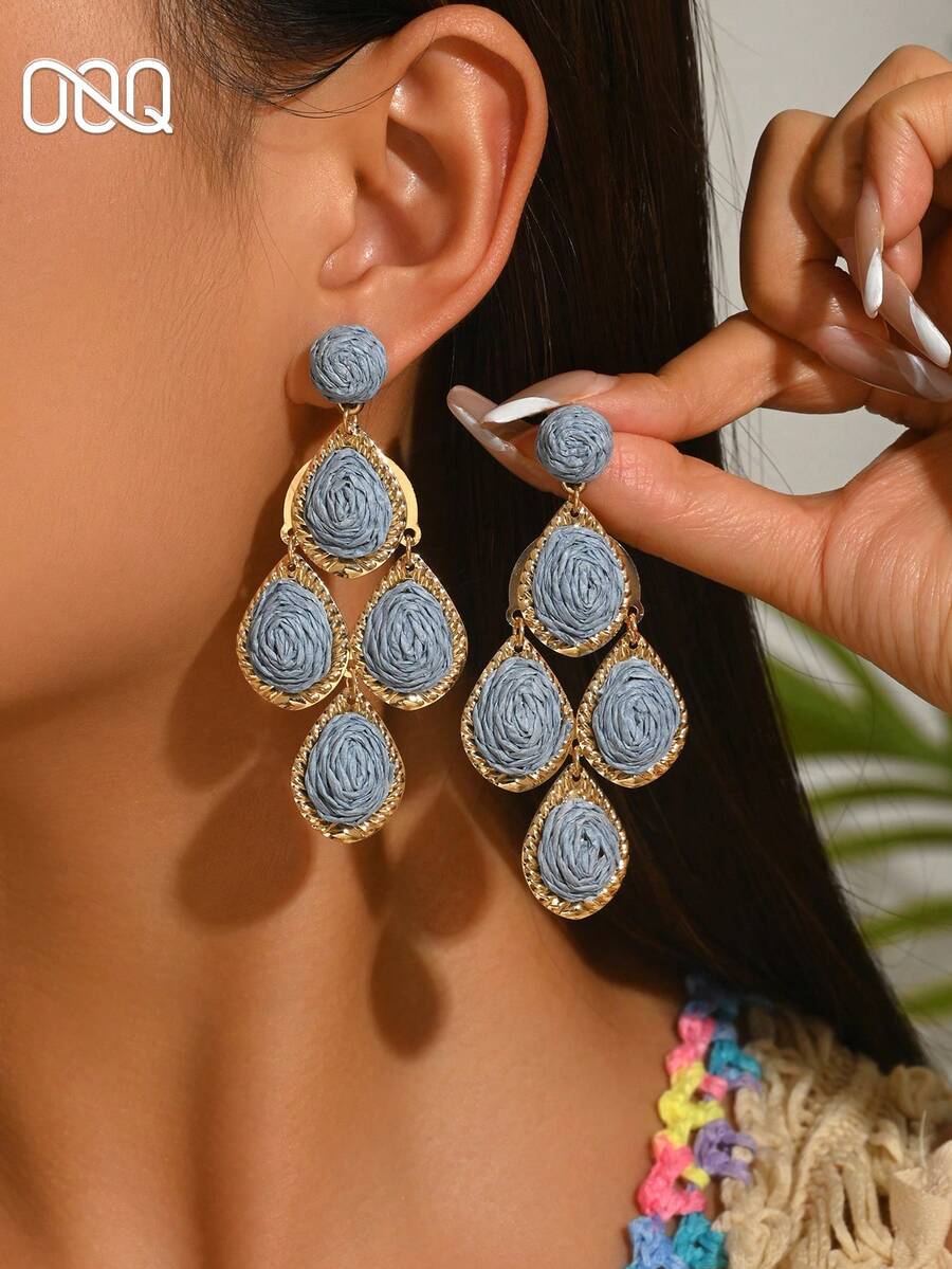 OOQ 1 Pair Summer Vacation Style Handmade Raffia Tassel Earrings, Sweet And Fresh Ins Style Earrings For Women, Suitable For Daily Dresses And Tops, Music Festival And Valentine's Day Gift For Friends And Lovers (Handmade Raffia Weaving, Shape And Direction Random) - Lake Blue - View 1