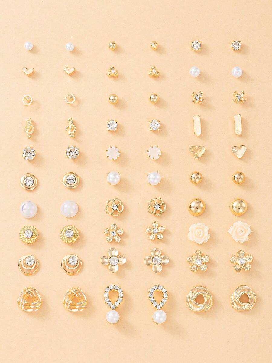 30 Pairs Minimalist Fashion Women's Stud Earring Set, Cute Small Flower Heart & Music Note Earrings Combination, Suitable For Daily Casual Wear, Outings, Jewelry, Holiday Gift - Yellow Gold - View 1