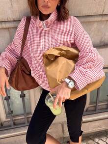 女款格紋編織布拉鍊夾克，秋冬學院風，度假、居家、日常、機場、運動健身，紅色 - 紅色 - 查看 5