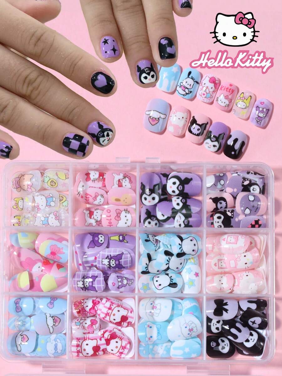 SANRIO 三麗鷗 Hello Kitty 288片/組 (12款混搭) 短方型法式穿戴式假指甲，可愛 3D Hello Kitty、Kuromi、Cinnamoroll 和 Pompompurin 圖案設計，完美貼合壓克力假指甲組，適合女孩日常與派對美甲使用 - 彩色 - 查看 1