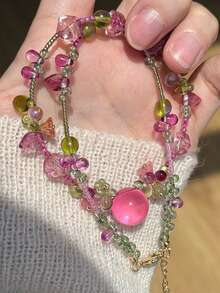 1 buah Kalung Manik-Manik Bentuk Tetesan Air Manis untuk Wanita, Kalung Choker Manik-Manik Motif Buah Mawar Merah Musim Panas - Berwarna merah muda - View 5