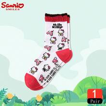 SANRIO 1雙/3雙 女款正版授權 Hello Kitty 紅白對比荷葉邊中筒襪，滿版提花，不易開裂，復古學院風，青春風格中筒襪，適合四季穿著，最佳好友生日禮物、節日週年禮物、聖誕節、新年假期、派對伴手禮 - 白色 - 查看 11