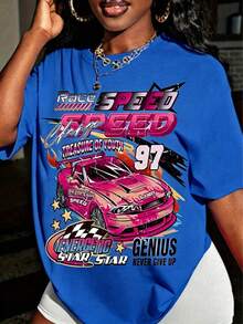 Women's Y2K Racing Graphic T-Shirt, Retro Speed Text Print, Loose Fit Streetwear Top, Short Sleeve Summer Casual Tee, Motorcycle Inspired Fashion - 藍色 - 查看 1