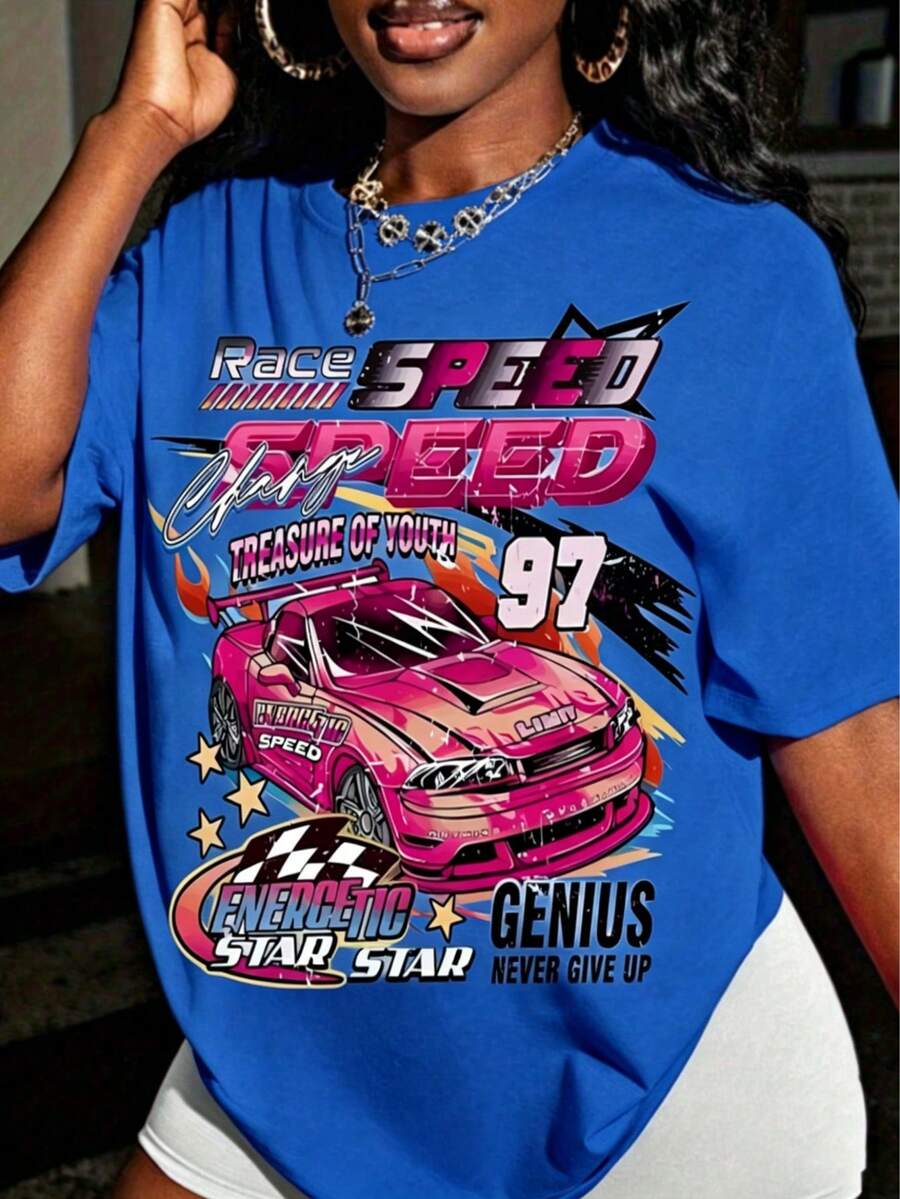 Women's Y2K Racing Graphic T-Shirt, Retro Speed Text Print, Loose Fit Streetwear Top, Short Sleeve Summer Casual Tee, Motorcycle Inspired Fashion - 藍色 - 查看 1