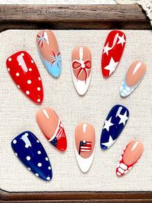 10Pcs Short Almond Handmade Press On Nails, 4th Of July False Nails, Featuring Red White Blue Patriotic Design, Star Polka Dot, Fireworks & American Flag Details. Artificial Nail Tips For Women Girls, Great Gift For Ladies Nail Supplies - Multicolor - View 3