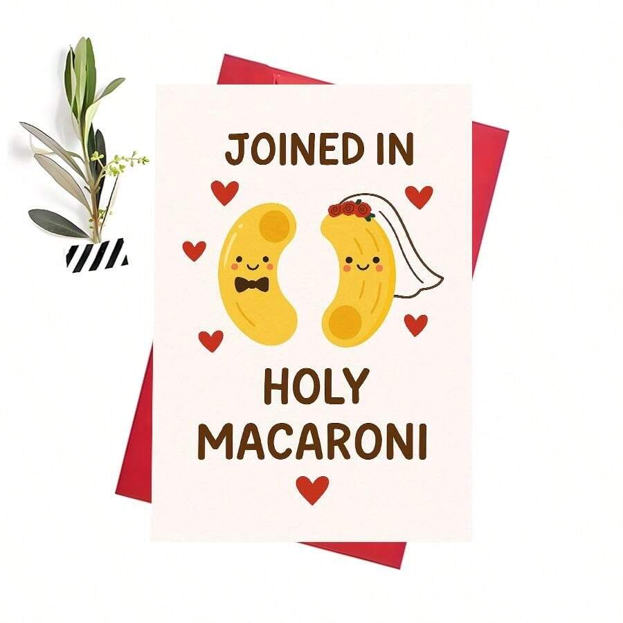 Funny Wedding Macaroni Pun Card, "Joined In Holy Macaroni" Bride & Groom Pasta Characters Design - 13x18cm - View 1