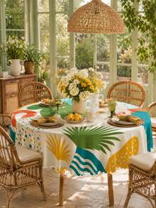1pc-Boho Tropical Palm Leaf Round Polyester Tablecloth, Colorful Summer Geometric Print Table Cover, Wrinkle Resistant Wavy Edge Tablecloth For Outdoor Patio, Garden, Poolside, Backyard BBQ, Kitchen Dining Home Decor - Multicolor - View 7