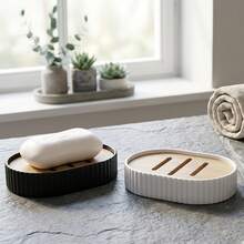 1pc Wooden Soap Dish With Drainage Function, Suitable For Shower, Bathroom, Sink, Kitchen And Countertop, Pebble White - Multicolor - View 1