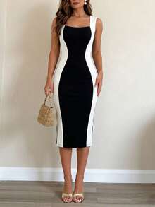 ChicMe Women Colorblock Square Neck Midi Dress Sleeveless Back Slit Side Panel Contrast Bodycon Cocktail Work Dress Elegant Summer - Black and White - View 2