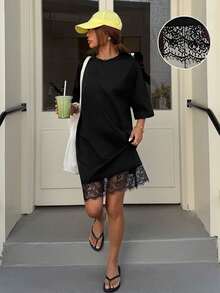 Vestido mini casual de verano para mujer con estampado de lunares y encaje de contraste - Negro - Ver 1