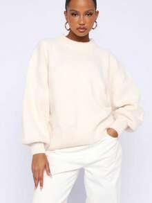 Women's Ribbed Crew Neck Long Sleeve Knit Pullover Sweater, Casual Fitted Comfortable Autumn Top - Apricot - View 4