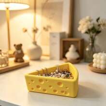1 pieza Caja de almacenamiento de joyas con forma de queso lindo, organizador de escritorio de material PLA impreso en 3D, puede almacenar anillos/pendientes/collares, decoración de habitación estilo kawaii, bandeja de almacenamiento de accesorios pequeños para chicas - Amarillo - Ver 1