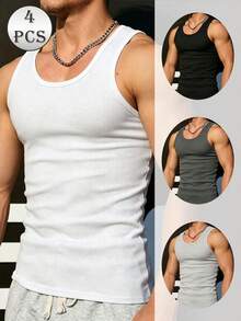 4pcs Men's Quick-Dry Ribbed Breathable Muscle Tank Tops - Slim Fit Sleeveless Gym Shirts, Elastic Fabric For Summer Workout And Outdoor Activities, Pure White, Sportswear, Durable Construction, Training Tops, Exclusive For Fitness Enthusiasts - Multicolor - View 1