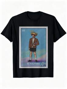 1pc Camisetas para mujer, Camisetas Para Hombre, cuello redondo, estilo urbano juvenil, estampado El Halftime, para jóvenes y amantes del arte pop - Negro - Ver 1