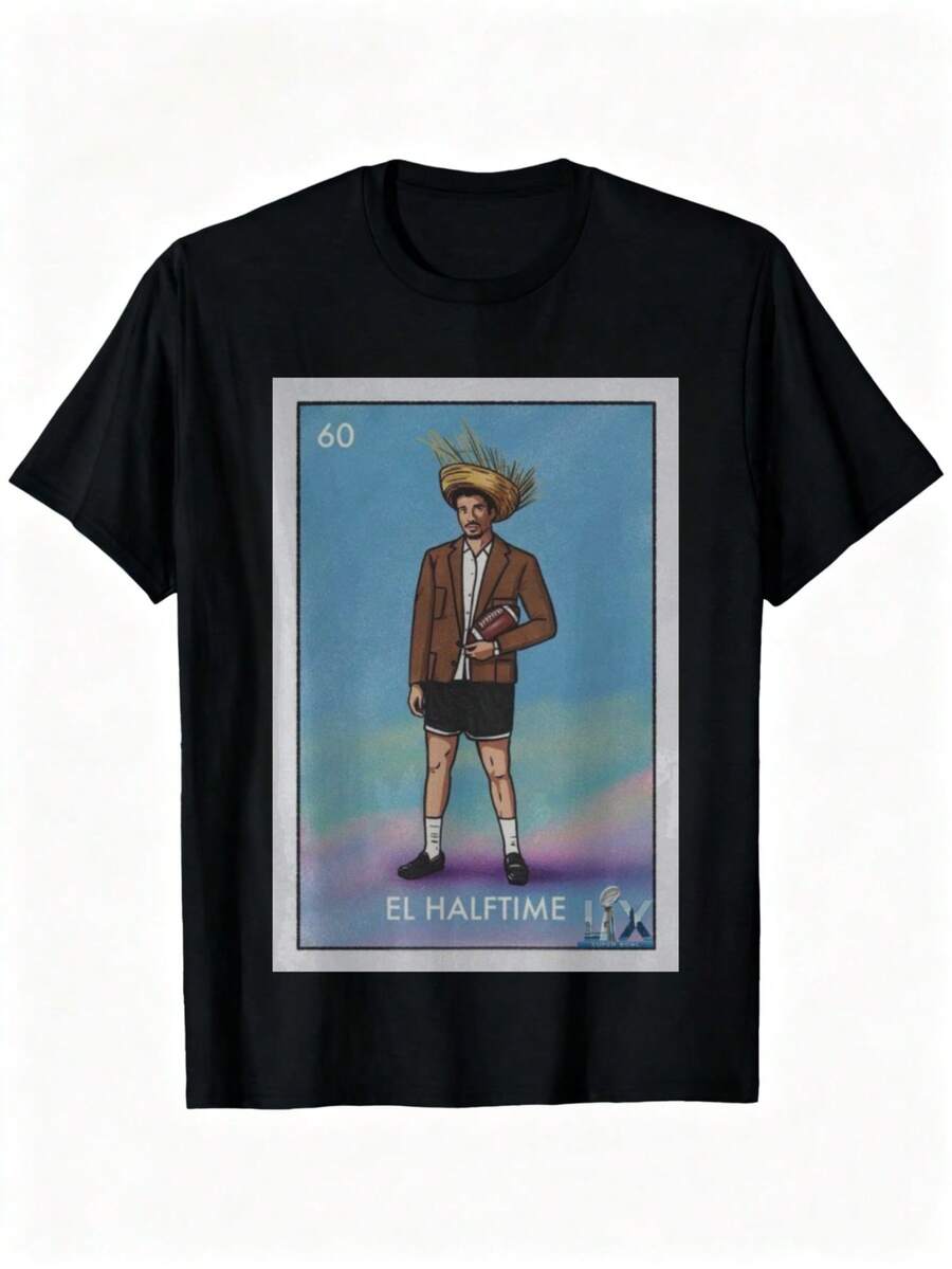 1pc Camisetas para mujer, Camisetas Para Hombre, cuello redondo, estilo urbano juvenil, estampado El Halftime, para jóvenes y amantes del arte pop - Negro - Ver 1