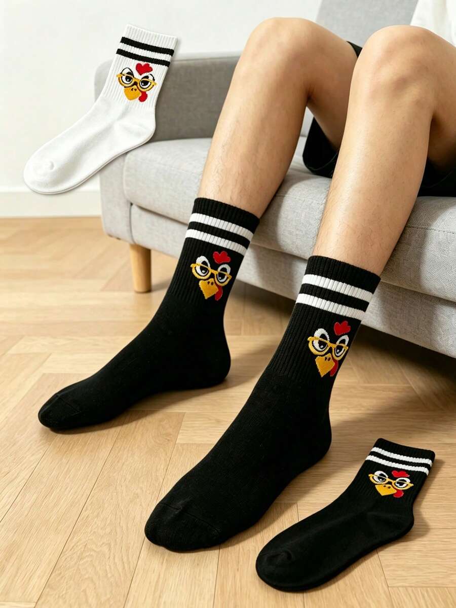 5雙混搭趣味眼鏡與小雞黑白條紋中筒襪,中性學生日常百搭舒適個性化襪子 - 彩色 - 查看 1