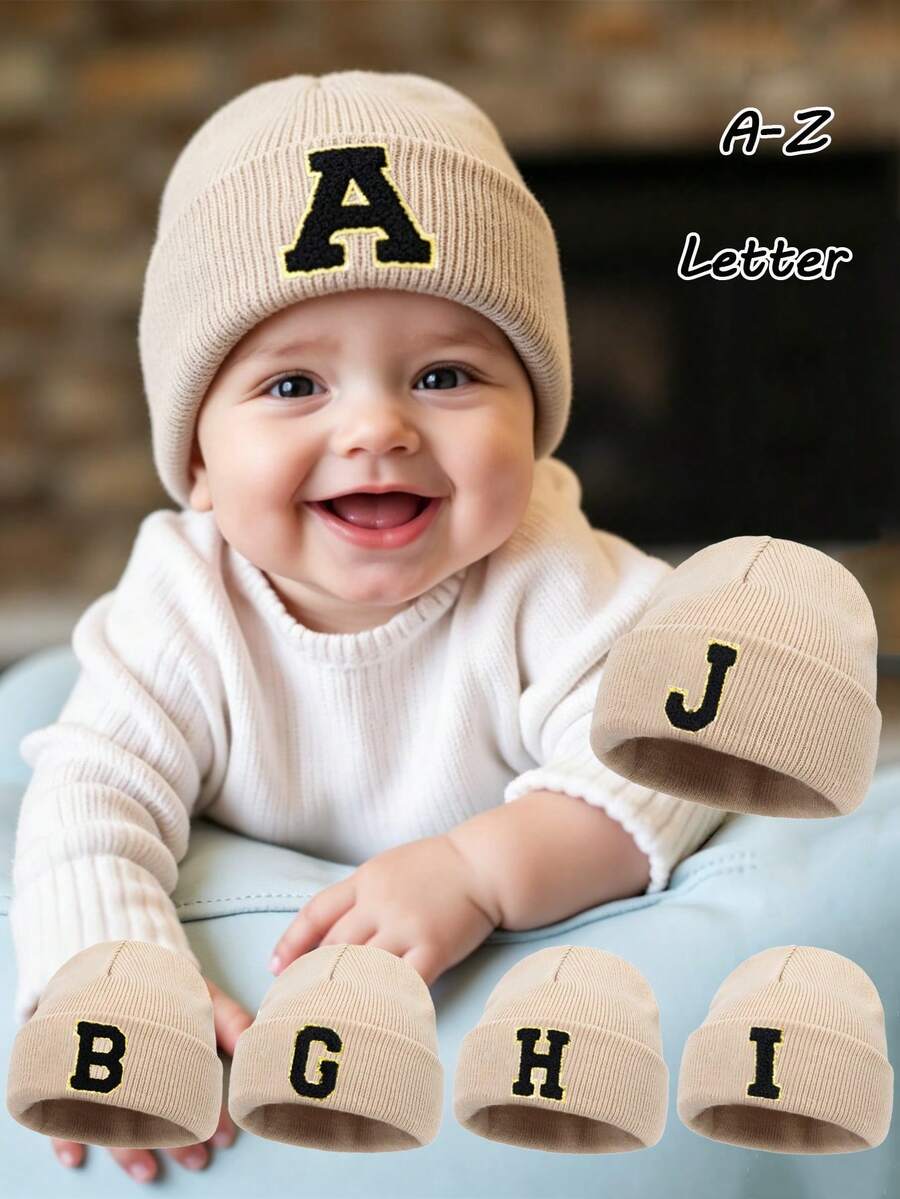 1 pieza Gorro de punto con letras A-Z para niños, gorro de punto de unicolor y cálido, adecuado para recién nacidos en el hospital, bebés, niños pequeños, niños y niñas, perfecto para uso al aire libre y diario - Beis - Ver 1