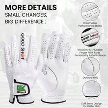 FINGER TEN Premium Cabretta Leather Men Golf Glove With "GOOD SHOT" Design 1 Pack For Left Hand, Soft Full Leather Grip With Breathable & Flexible Fit For All Golfers - White - View 2