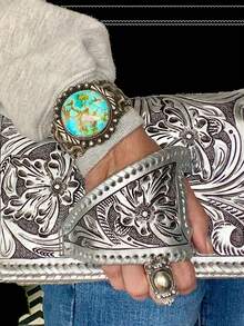 Western Vintage Envelope Bag Made Of Distressed Leather, Decorated With Hand-Carved Floral And Scroll Patterns, Showcasing A Rustic Western Style. Rich Texture And Vintage Silver Finish Give It A Timeless Aged Look, Making It A Versatile Accessory For Casual And Formal Occasions. - White - View 3