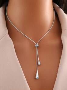 RAYQUEEN Stainless Steel Oval Large Water Drop Pendant Pull-Chain Necklace + Earrings Set, Personalized Jewelry Set - Silver - View 5