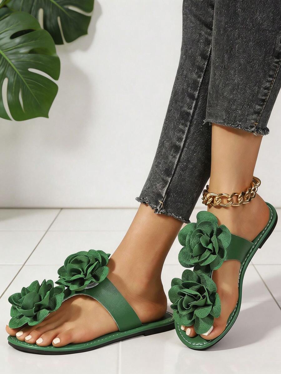 1 Pasang Sandal Selop Wanita Warna Hijau Motif Bunga Musim Panas, Sandal Kasual Datar yang Nyaman - Hijau - View 1