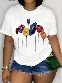 para Mujer Casual Mangas Cortas Cuello Redondo Camiseta - Printed Top, Comfortable Fit - Blanco - Ver 2