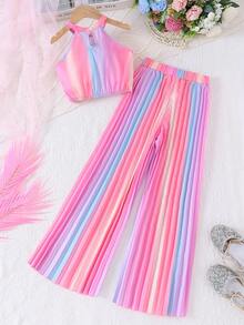 2pcs/Set Summer Girls Tie-Dye Gradient Handmade Flower Decor Camisole Top And Pleated Long Pants Outfit - Pink - View 2