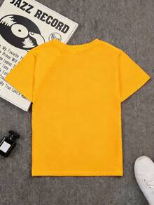 Girls' Short Sleeve T-Shirt With Heart, Flower And Letter Print, Cool And Breathable For Spring/Summer, 100% Cotton, Loose And Casual Fit In Small Sizes - Yellow - View 2