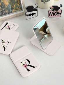 White Mini Initial Folding Portable Makeup Mirror, Printed With Purple Flowers A-Z Letters, With Stand Makeup Mirror, Travel Mirror, Beauty Product, Desktop Makeup Mirror, Rectangular Desktop Compact Makeup Mirror, Foldable Small Minimalist Makeup Mirror, Student Dorm Back To School Mirror, Back To School Gift, Travel Portable Makeup Mirror, Suitable For Women Gifts - Back To School Season, Best Gift For Teachers - Multicolor - View 5