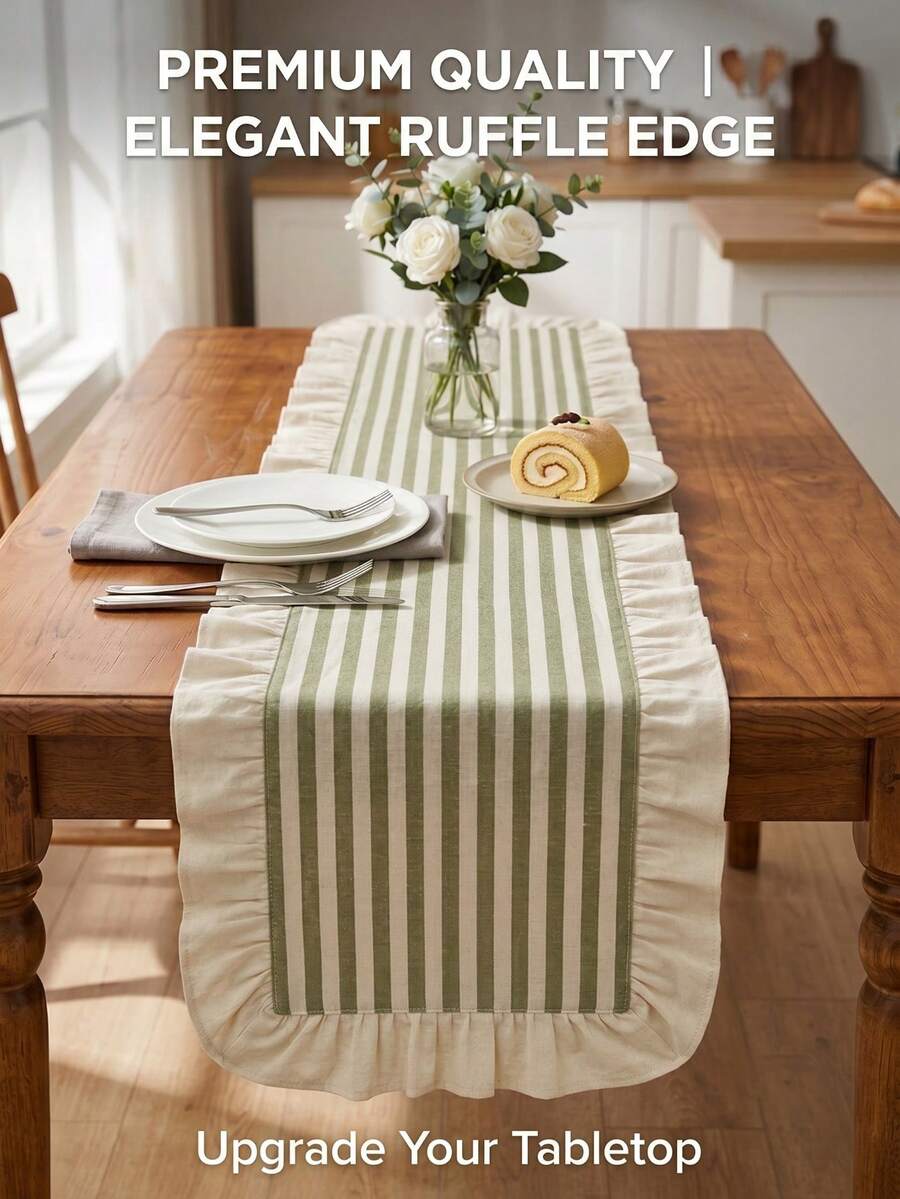 1pc American Country Style Simple Ruffle Edge Striped Table Runner, Rectangular Table Cloth For Home Kitchen Dining Table, Tea Table, TV Cabinet, Entryway, Multi-Functional Cover, Suitable For Holiday Gatherings, Birthday Parties, Wedding Dinners, Restaurant, Living Room, Coffee Table Mat, Home Decor, Room Decor, All Seasons - Green - View 1