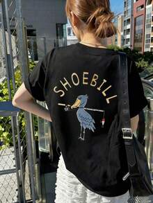 Women's Casual Loose Round Neck Letter & Cartoon Bird Print Short Sleeve T-Shirt, Versatile For Summer Black - Black - View 7