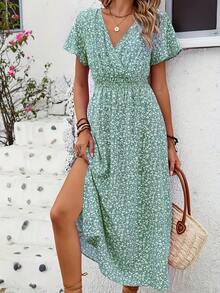 Floral Dress With Butterfly Sleeves And Leg Slit - Red - View 4