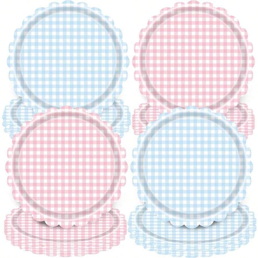 50 platos de papel de cuadros rosa y azul de 9 pulgadas de borde festoneado para shower, revelacin de gnero, decoracin de de nio o nia, platos desechables - Rayas - Ver 1