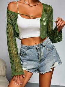 Plus Size Solid Color Cropped Hollow Knit Cardigan - Green - View 6