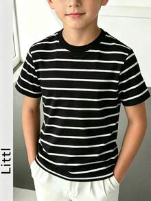 Camiseta de punto a rayas de manga corta para niños, top de punto casual de cuello redondo en blanco y negro, top de verano suave y transpirable para niños - Negro - Ver 6