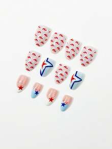 24pcs Short Almond Nail, Simple Blue And White French Nail, Pentagram, Polka Dot Press Fake Nail, Women's Daily Nail Products, Independent Daily Nail Set+2 Nail Accessory Small Tools Nails - Multicolor - View 5