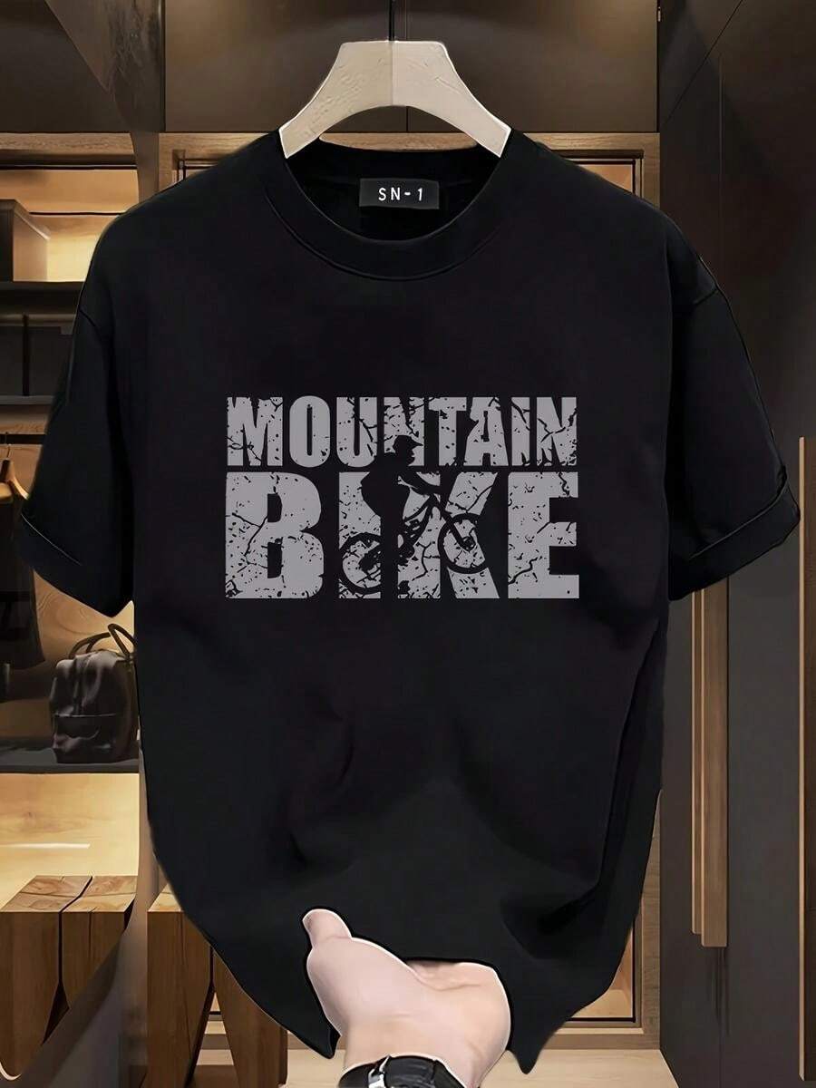 1 pieza Playera De Hombre.manga corta 100% algodón puro, cuello redondo casual con estampado, manga corta transpirable para uso diario, con letras masculinas. - Negro - Ver 1