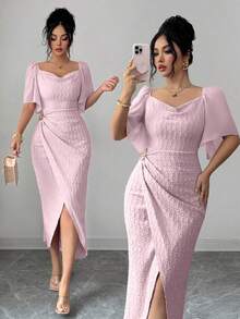 yonghongmaoyi1  Vestido elegante ajustado con cuello de volantes, mangas de pétalos y hebilla metálica de bloque de color para mujer, primaver - Verde - Ver 4