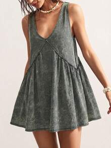 Vestido Corto Casual de Punto Holgado con Cuello en V de Color Sólido  para Mujer, Vestido de Vacaciones - Gris Oscuro - Ver 1