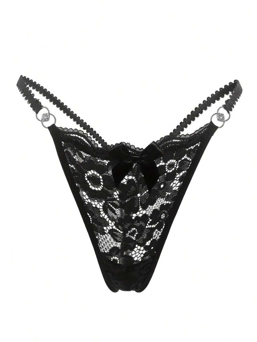 1 Floral Lace Thong | Women's Sexy Underwear And Lingerie With Contrasting Lace Details, Breathable And Comfortable With Open Tie - 黑色 - 查看 1