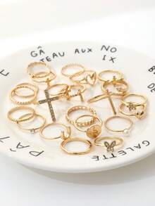 Juego de 22 piezas de anillos apilables vintage dorados, combinación de anillos para dedo con cruz, corazón, herradura, serpiente, strass y perlas para mujer - Dorado - Ver 2